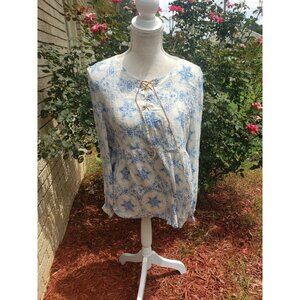 UMGEE Tunic Top Blouse White Blue Thin Long Sleeve Lightweight Sheer Boho